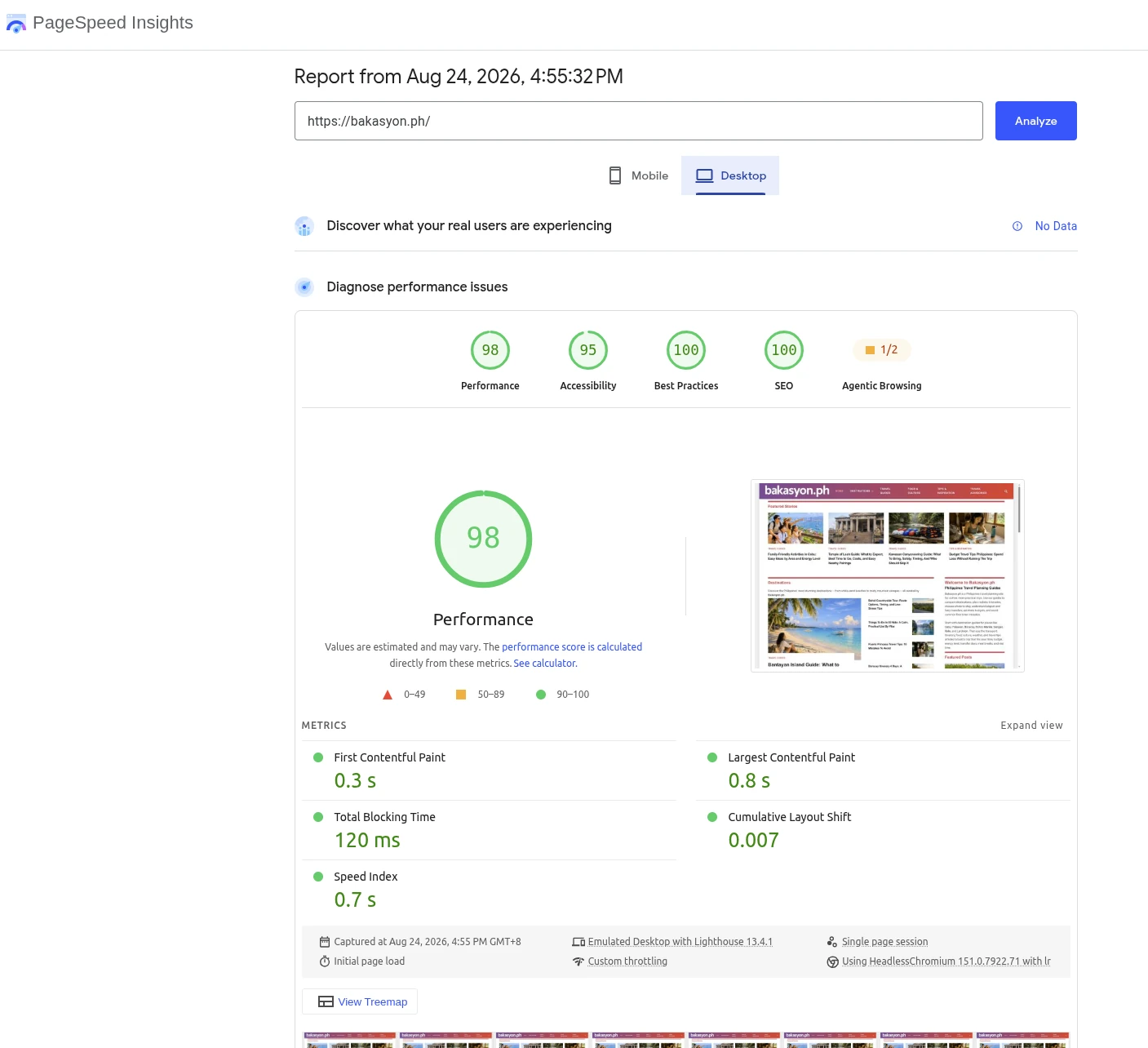 PageSpeed Insights desktop report showing a 98 performance score for bakasyon.ph