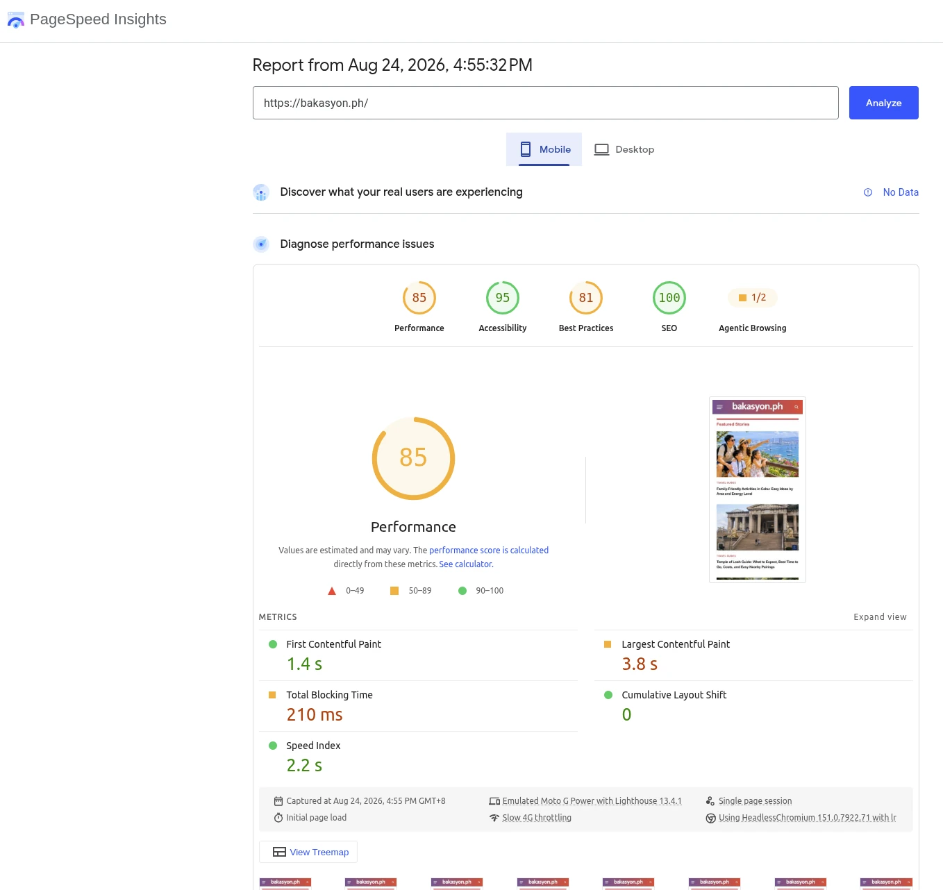 PageSpeed Insights mobile report showing an 85 performance score for bakasyon.ph