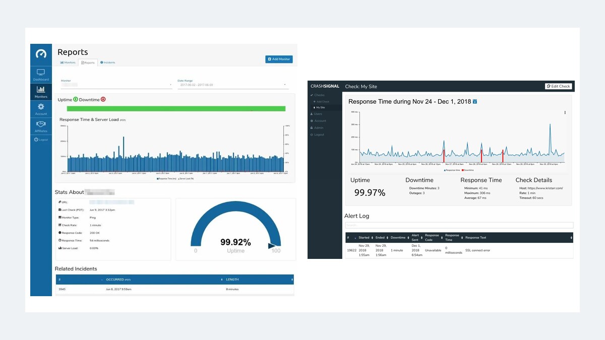 Slacron and CrashSignal monitoring interfaces, representing two generations of distributed monitoring platforms.