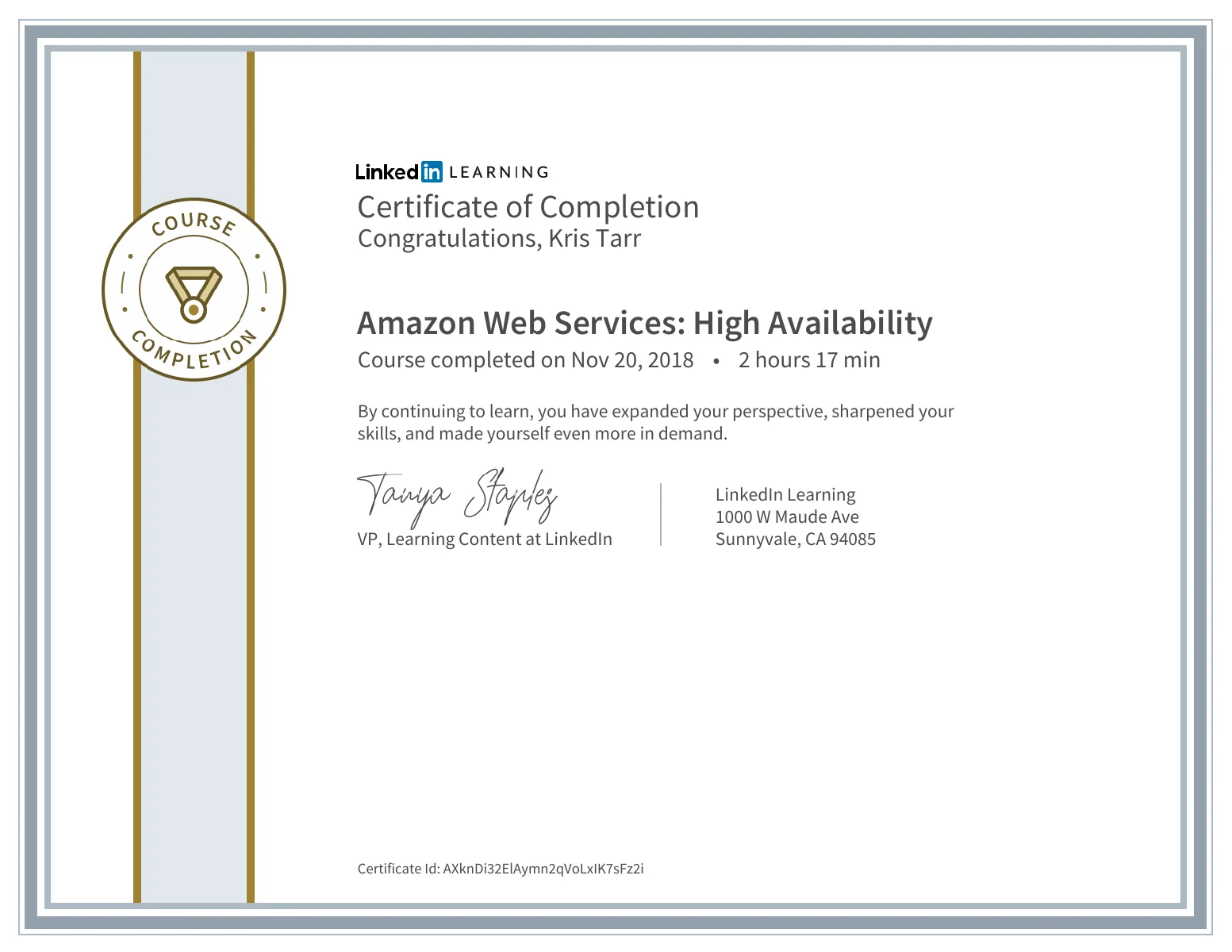 Certificate of completion for Amazon Web Services: High Availability