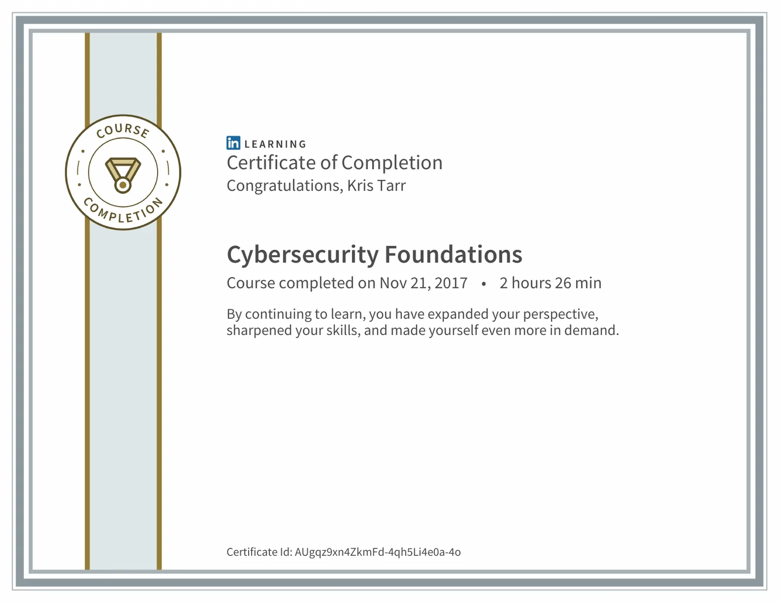 Certificate of completion for Cybersecurity Foundations