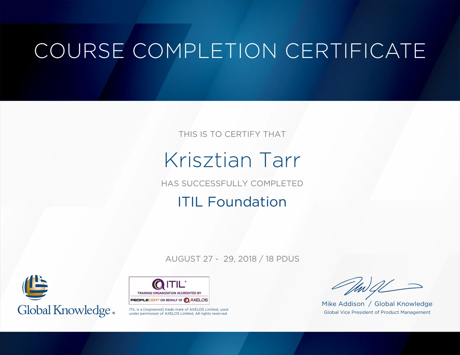Certificate of completion for ITIL Foundation