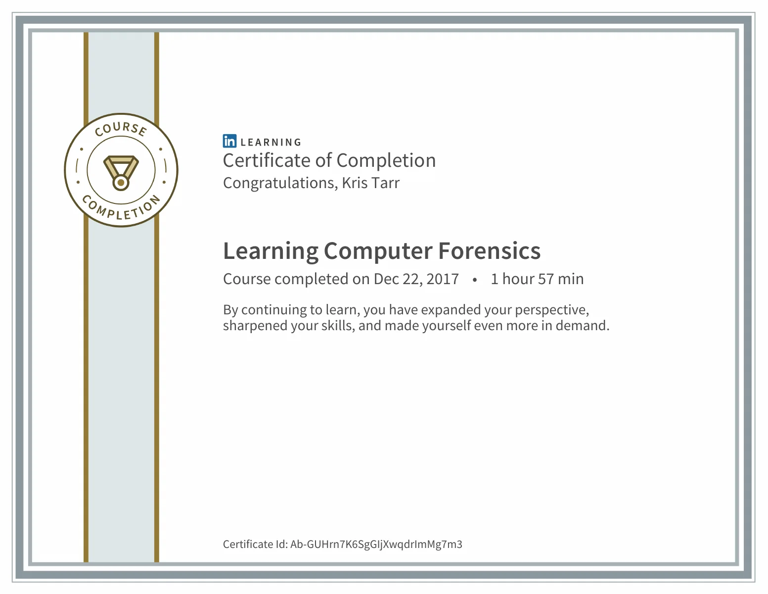Certificate of completion for Learning Computer Forensics