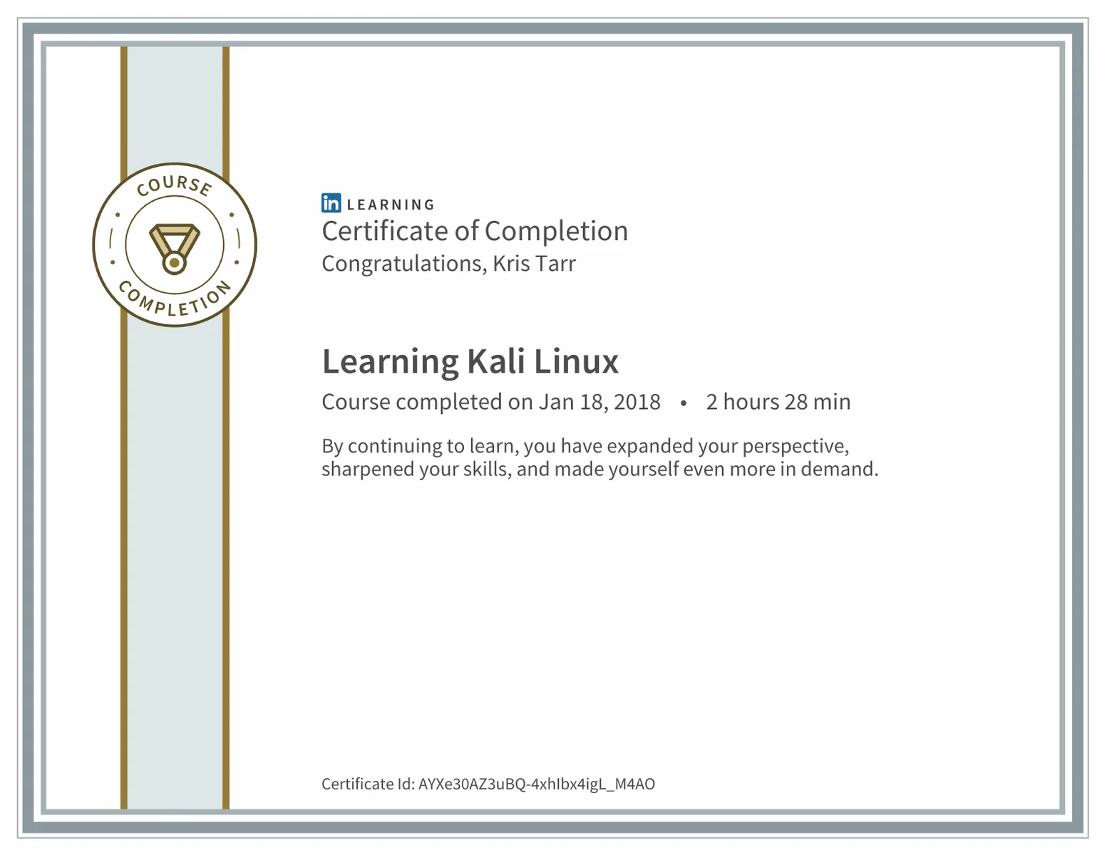 Certificate of completion for Learning Kali Linux